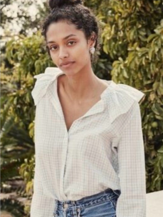 Doen Tops - Doen Jeanette Pale Blue Checked Ruffle Collar Blouse